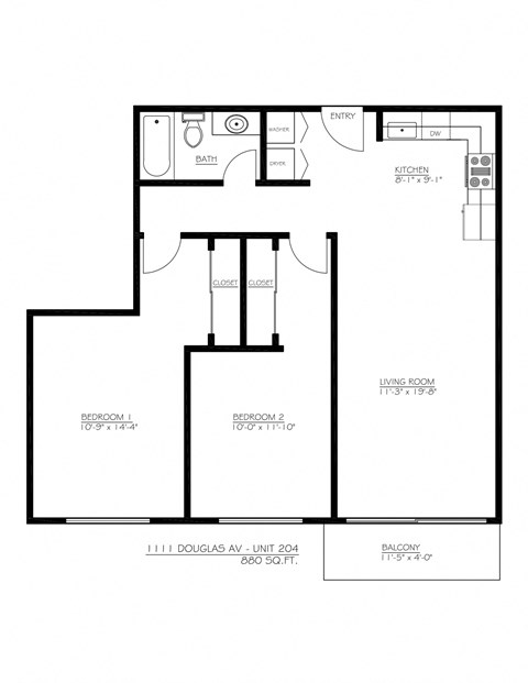 Floor plan for 2 beds, 1 bath, 860 sqft